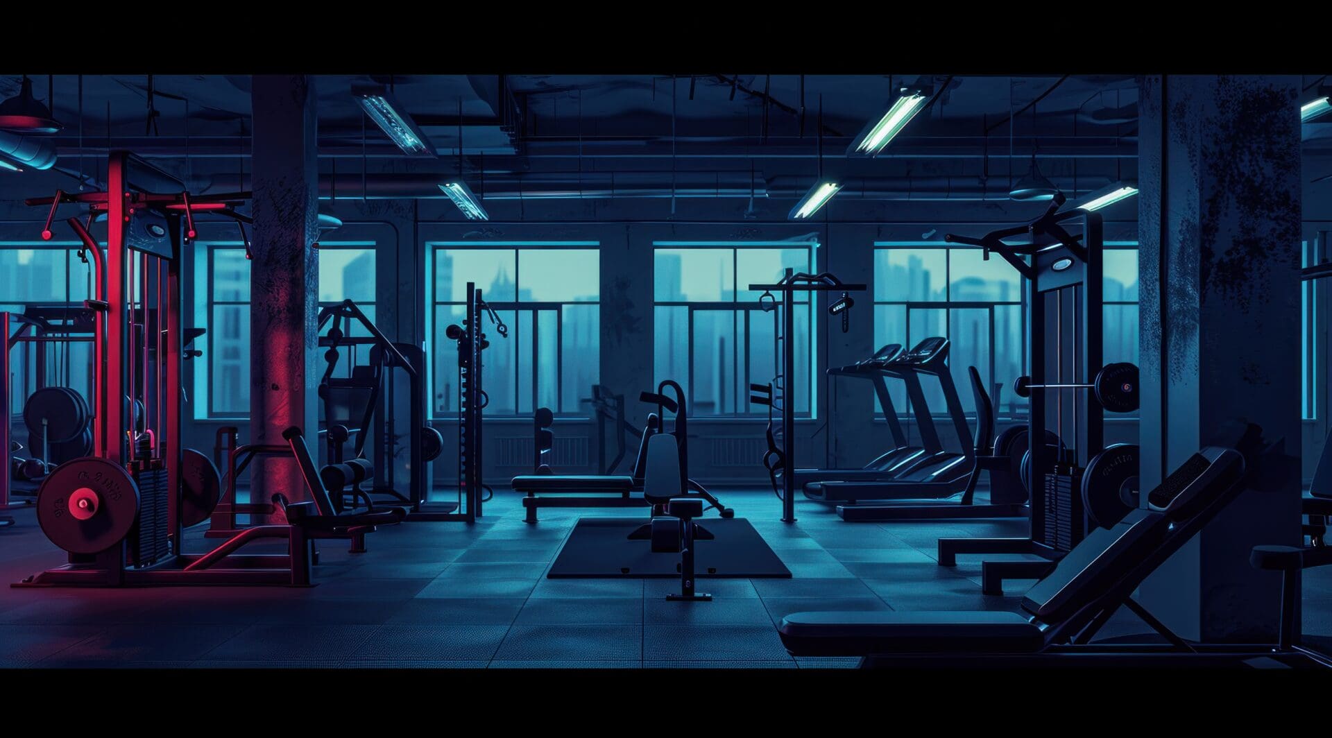 a gym with dark exercise equipment.